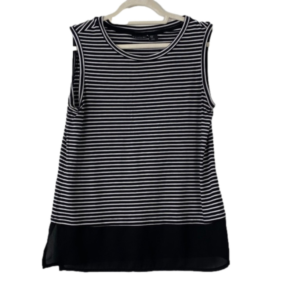 TAHARI size M black and white stripe sleeveless top with shear bottom